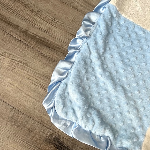 Baby Blanket Minky Dot Nubby Bumpy Patchwork Blue Cream Satin Edge Lovey - Picture 3 of 4